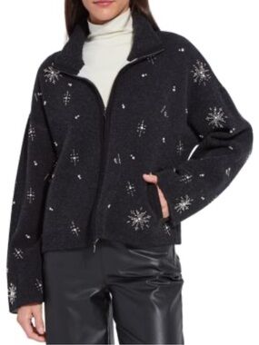 LYSSE Scottie Crystal Pearl Beads Embellished Knit Zip Front Jacket (Plus) Sz 2X